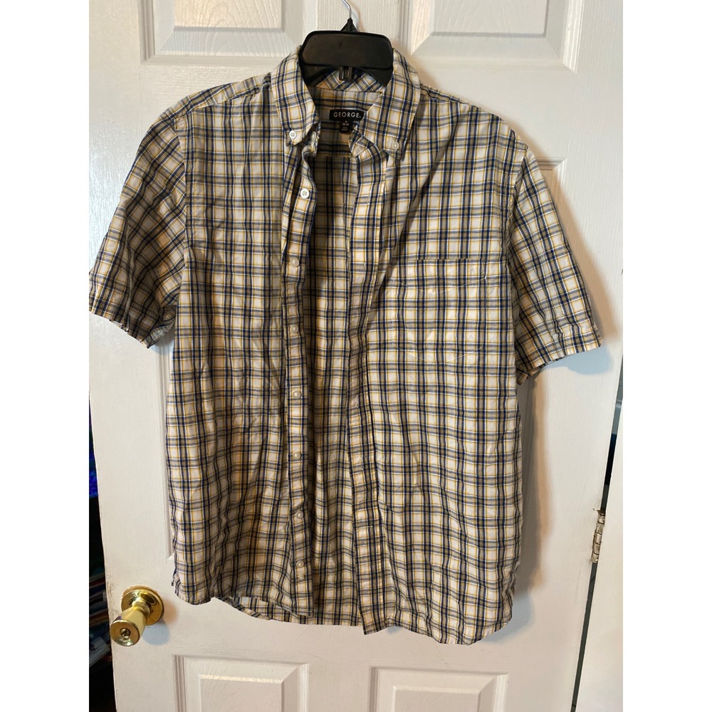 George Mens Short Sleeve Plaid Button Down Shirt Yellow Blue White Size M 38-40